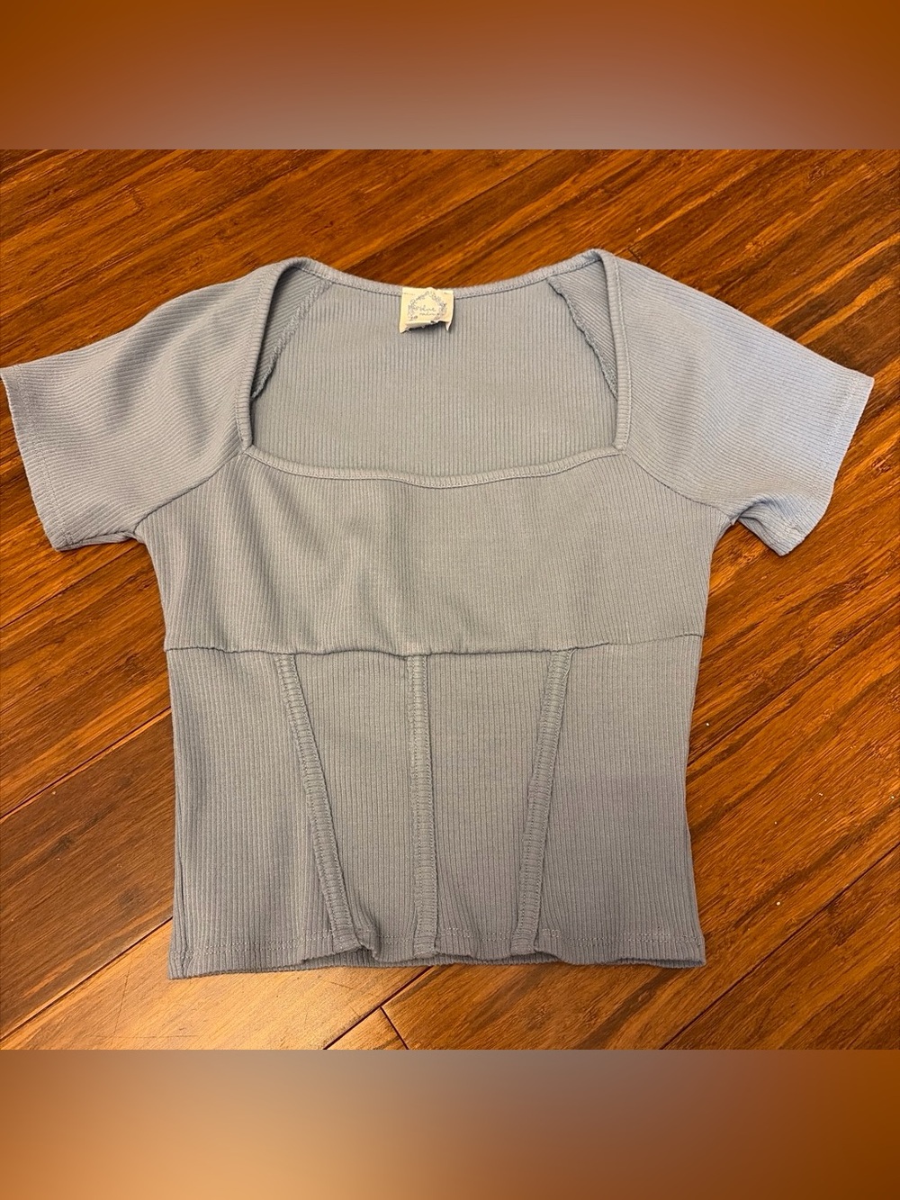 Blue Rain Light Blue Square Neck Ribbed Short Sleeve Top